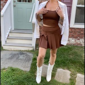 Brown two-piece set- pleated skirt & crop tank!